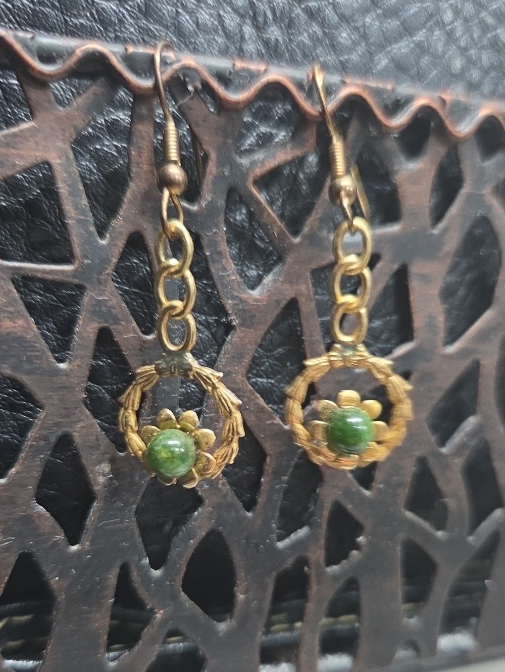 Vintage Gold Tone Botanical Dangle Earrings with Green Jadeite Stones
